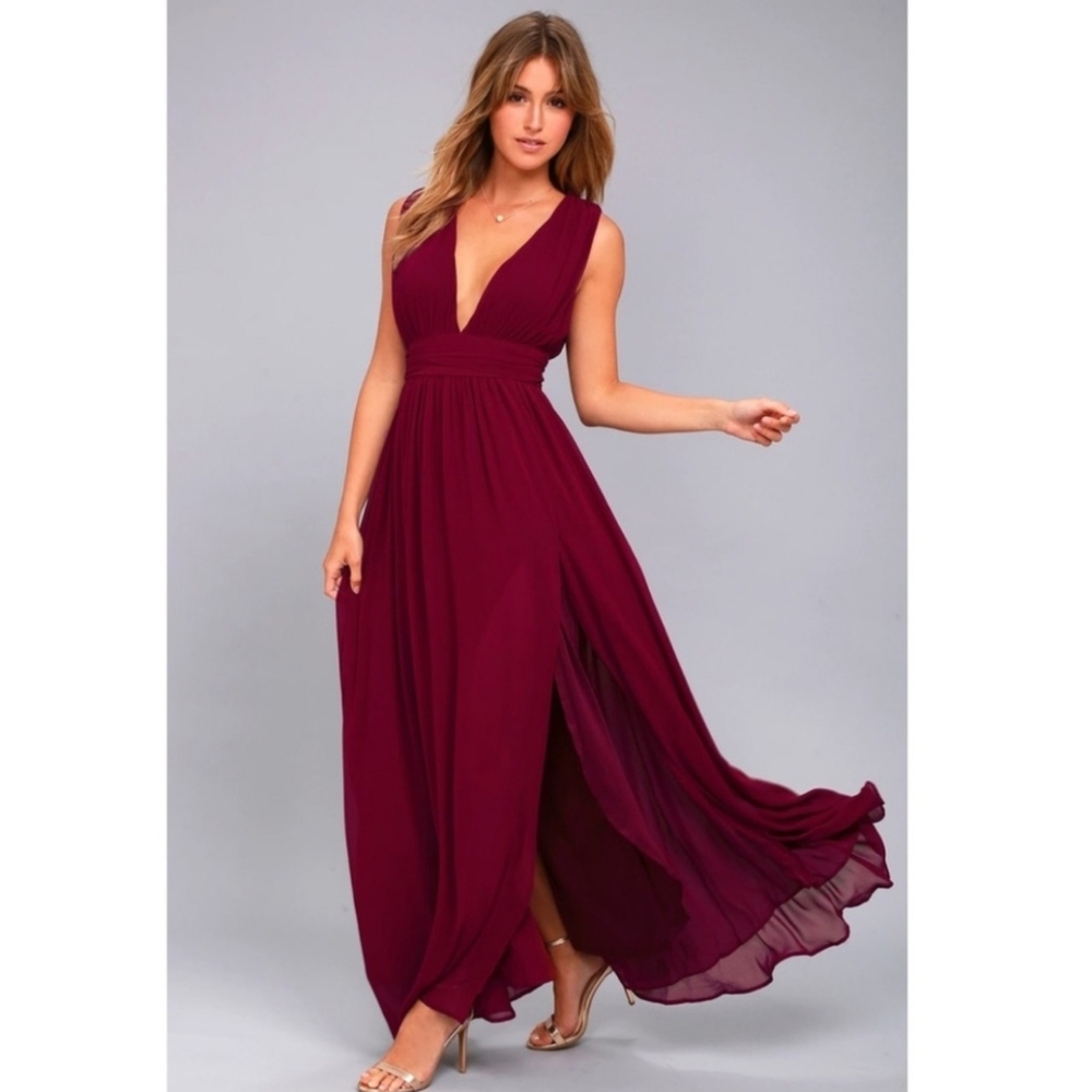 Lulus NWT Heavenly Hues Burgundy Maxi Open Front Slit Dress Sz Small
